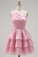 Load image into Gallery viewer, Blue One Shoulder Ruffled Tiered Short 80s Homecoming Dress