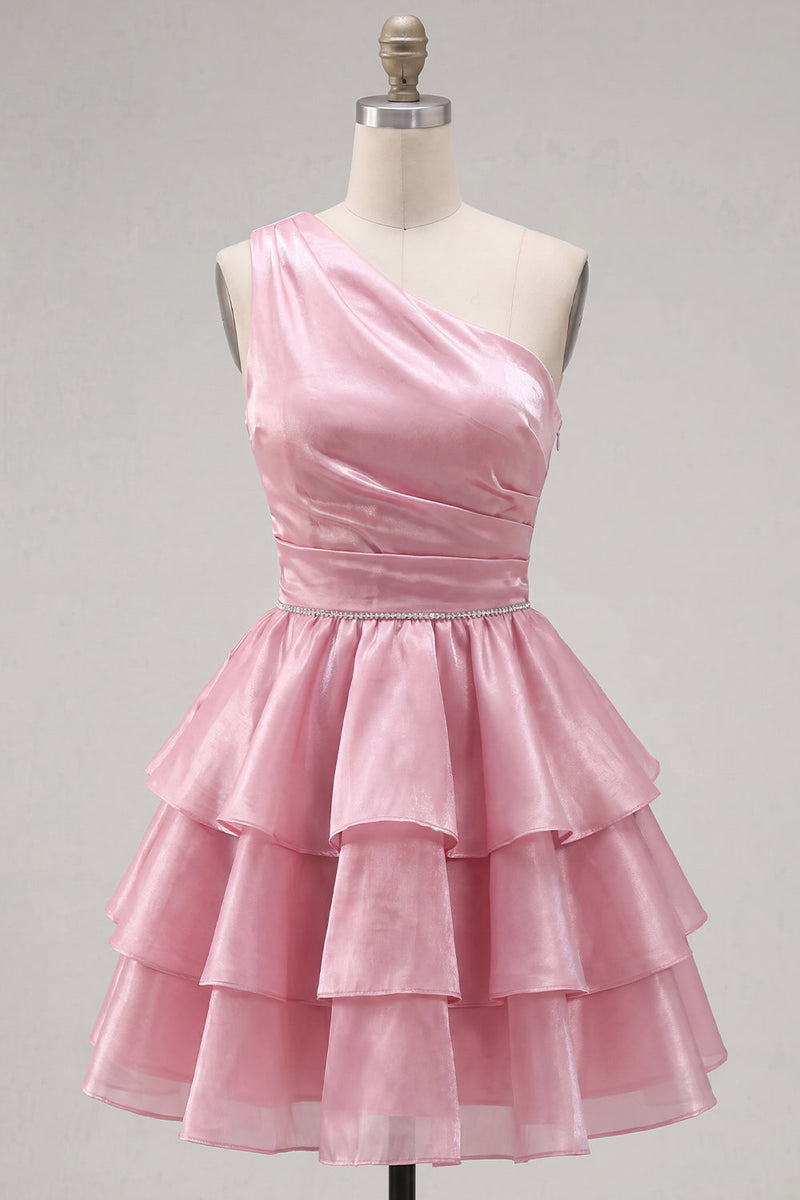 Load image into Gallery viewer, Blue One Shoulder Ruffled Tiered Short 80s Homecoming Dress