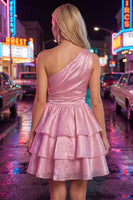 Load image into Gallery viewer, Blue One Shoulder Ruffled Tiered Short 80s Homecoming Dress