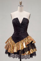 Load image into Gallery viewer, Black Golden A Line Ruffled Short 80s Homecoming Dress with Lace