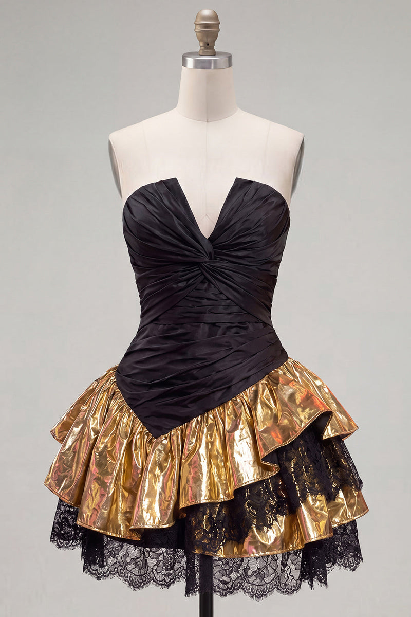 Load image into Gallery viewer, Black Golden A Line Ruffled Short 80s Homecoming Dress with Lace
