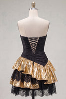 Load image into Gallery viewer, Black Golden A Line Ruffled Short 80s Homecoming Dress with Lace