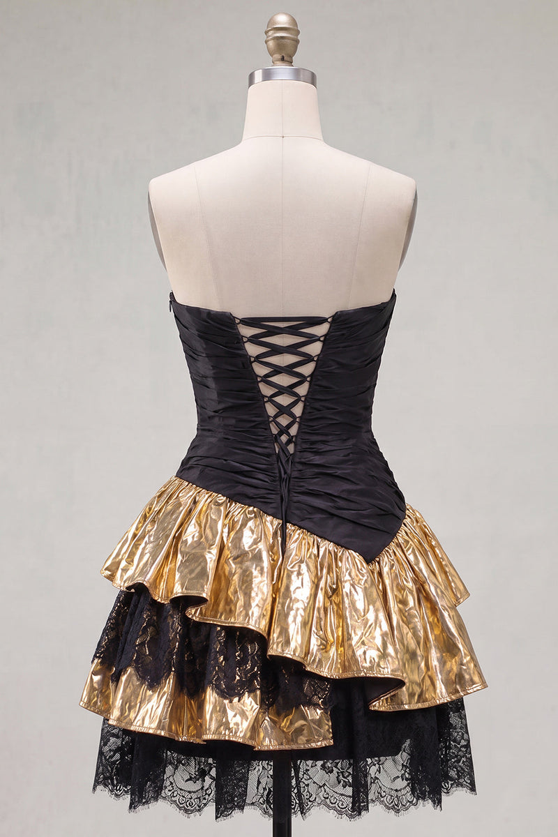 Load image into Gallery viewer, Black Golden A Line Ruffled Short 80s Homecoming Dress with Lace