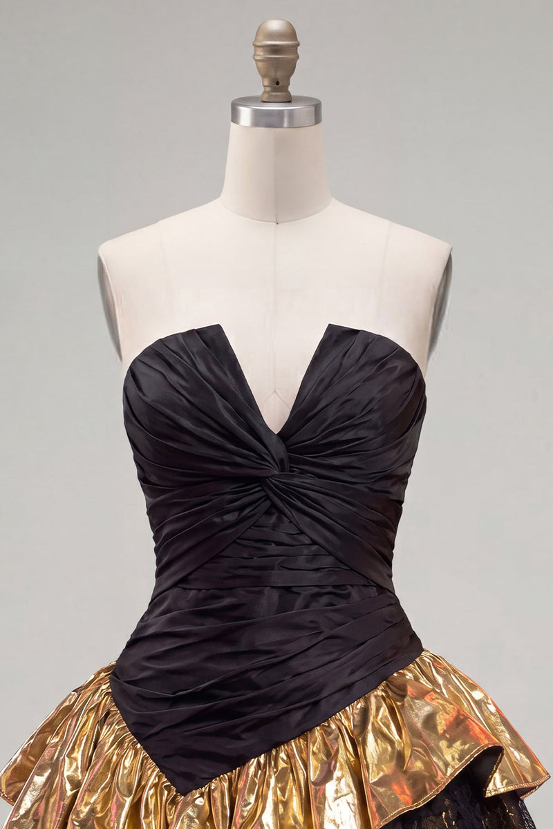 Load image into Gallery viewer, Black Golden A Line Ruffled Short 80s Homecoming Dress with Lace