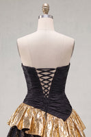 Load image into Gallery viewer, Black Golden A Line Ruffled Short 80s Homecoming Dress with Lace