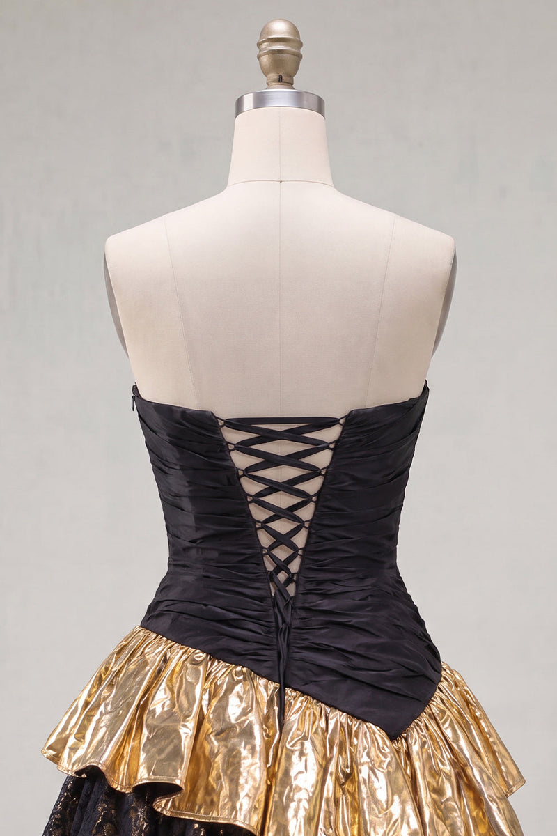 Load image into Gallery viewer, Black Golden A Line Ruffled Short 80s Homecoming Dress with Lace