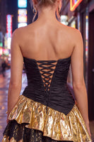 Load image into Gallery viewer, Black Golden A Line Ruffled Short 80s Homecoming Dress with Lace