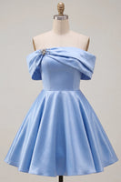 Load image into Gallery viewer, Pink Satin Off The Shoulder A-Line Short 80s Homecoming Dress