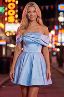 Load image into Gallery viewer, Pink Satin Off The Shoulder A-Line Short 80s Homecoming Dress