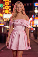 Load image into Gallery viewer, Pink Satin Off The Shoulder A-Line Short 80s Homecoming Dress