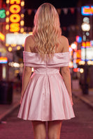 Load image into Gallery viewer, Pink Satin Off The Shoulder A-Line Short 80s Homecoming Dress