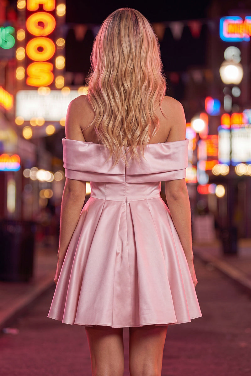 Load image into Gallery viewer, Pink Satin Off The Shoulder A-Line Short 80s Homecoming Dress