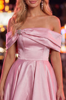 Load image into Gallery viewer, Pink Satin Off The Shoulder A-Line Short 80s Homecoming Dress