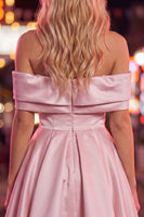 Load image into Gallery viewer, Pink Satin Off The Shoulder A-Line Short 80s Homecoming Dress