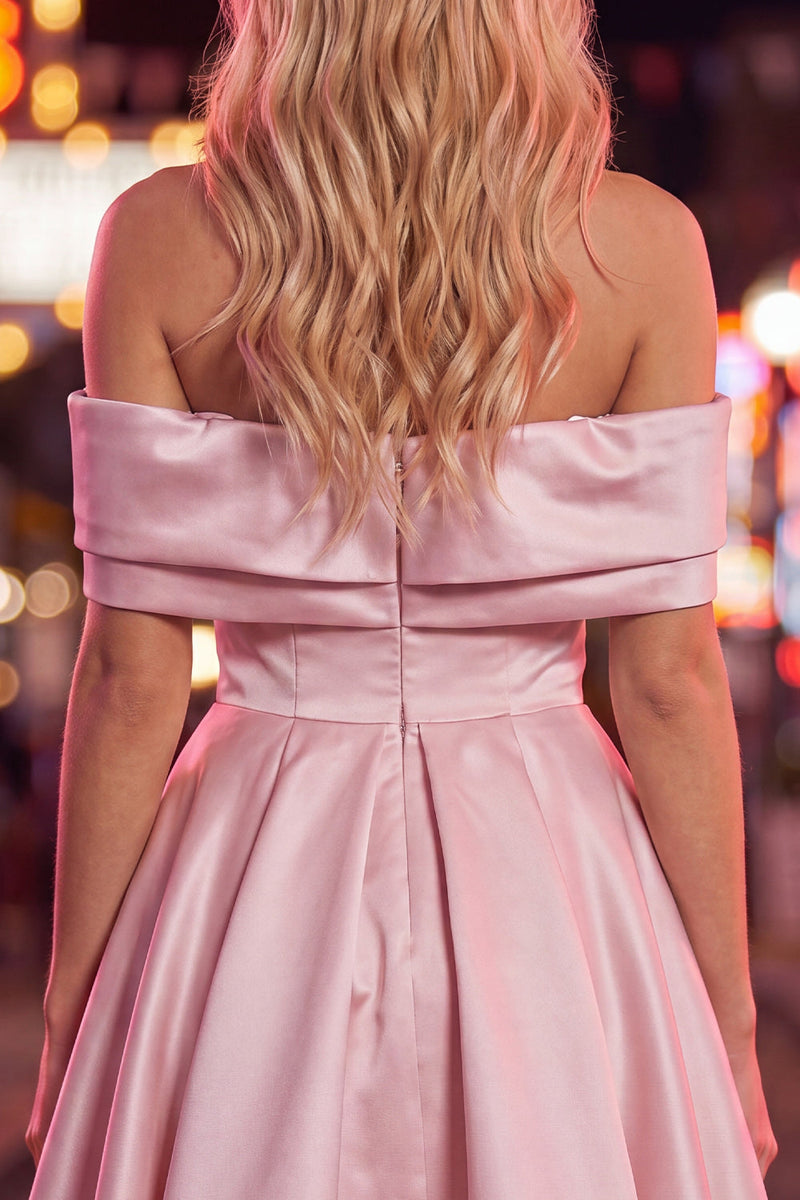 Load image into Gallery viewer, Pink Satin Off The Shoulder A-Line Short 80s Homecoming Dress