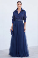 Load image into Gallery viewer, Navy A Line Tulle Long Sleeves Mother of the Bride Dress with Belt