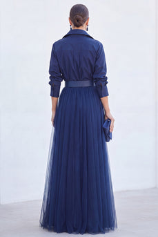 Navy A Line Tulle Long Sleeves Mother of the Bride Dress with Belt