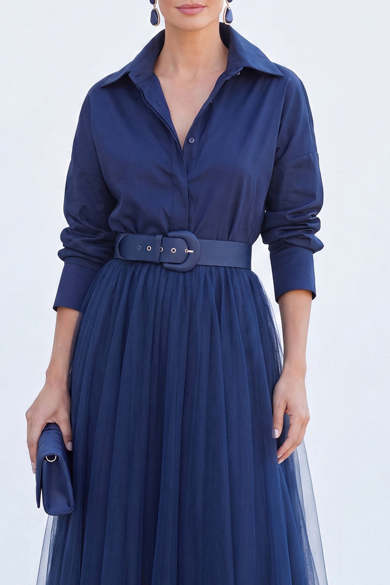 Load image into Gallery viewer, Navy A Line Tulle Long Sleeves Mother of the Bride Dress with Belt