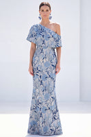 Load image into Gallery viewer, Grey Blue One Shoulder Floral Mermaid Long Mother of the Bride Dress