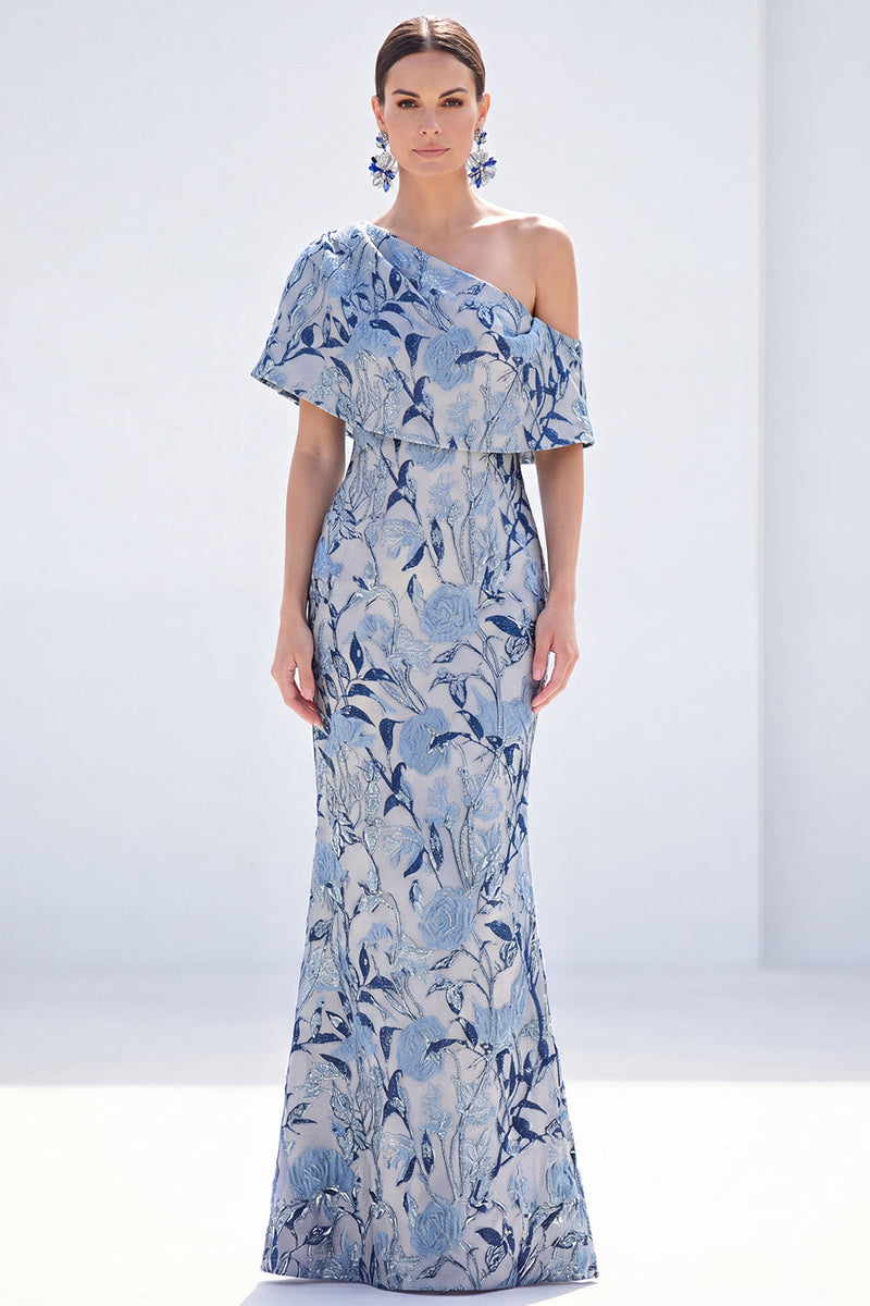 Load image into Gallery viewer, Grey Blue One Shoulder Floral Mermaid Long Mother of the Bride Dress