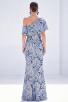 Load image into Gallery viewer, Grey Blue One Shoulder Floral Mermaid Long Mother of the Bride Dress