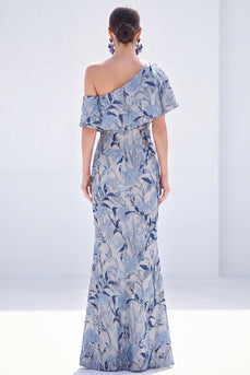 Grey Blue One Shoulder Floral Mermaid Long Mother of the Bride Dress