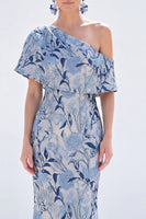 Load image into Gallery viewer, Grey Blue One Shoulder Floral Mermaid Long Mother of the Bride Dress