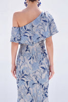 Load image into Gallery viewer, Grey Blue One Shoulder Floral Mermaid Long Mother of the Bride Dress