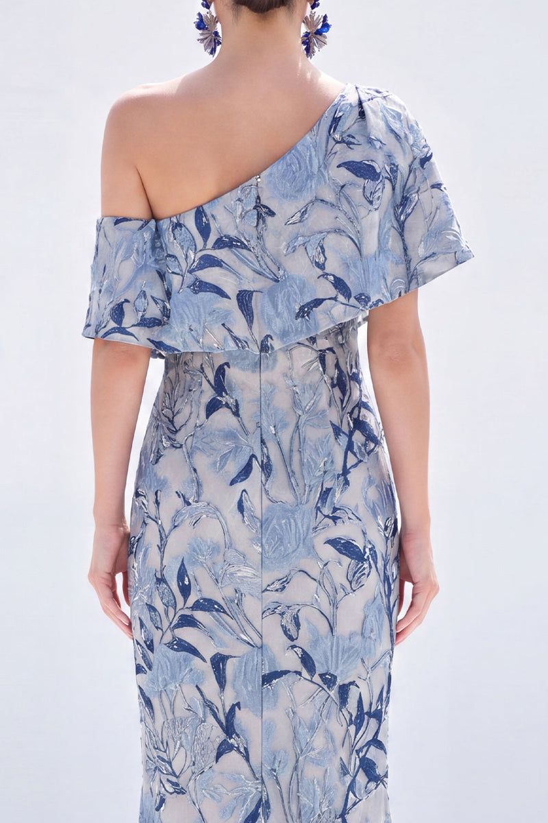 Load image into Gallery viewer, Grey Blue One Shoulder Floral Mermaid Long Mother of the Bride Dress