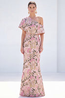 Load image into Gallery viewer, Grey Blue One Shoulder Floral Mermaid Long Mother of the Bride Dress