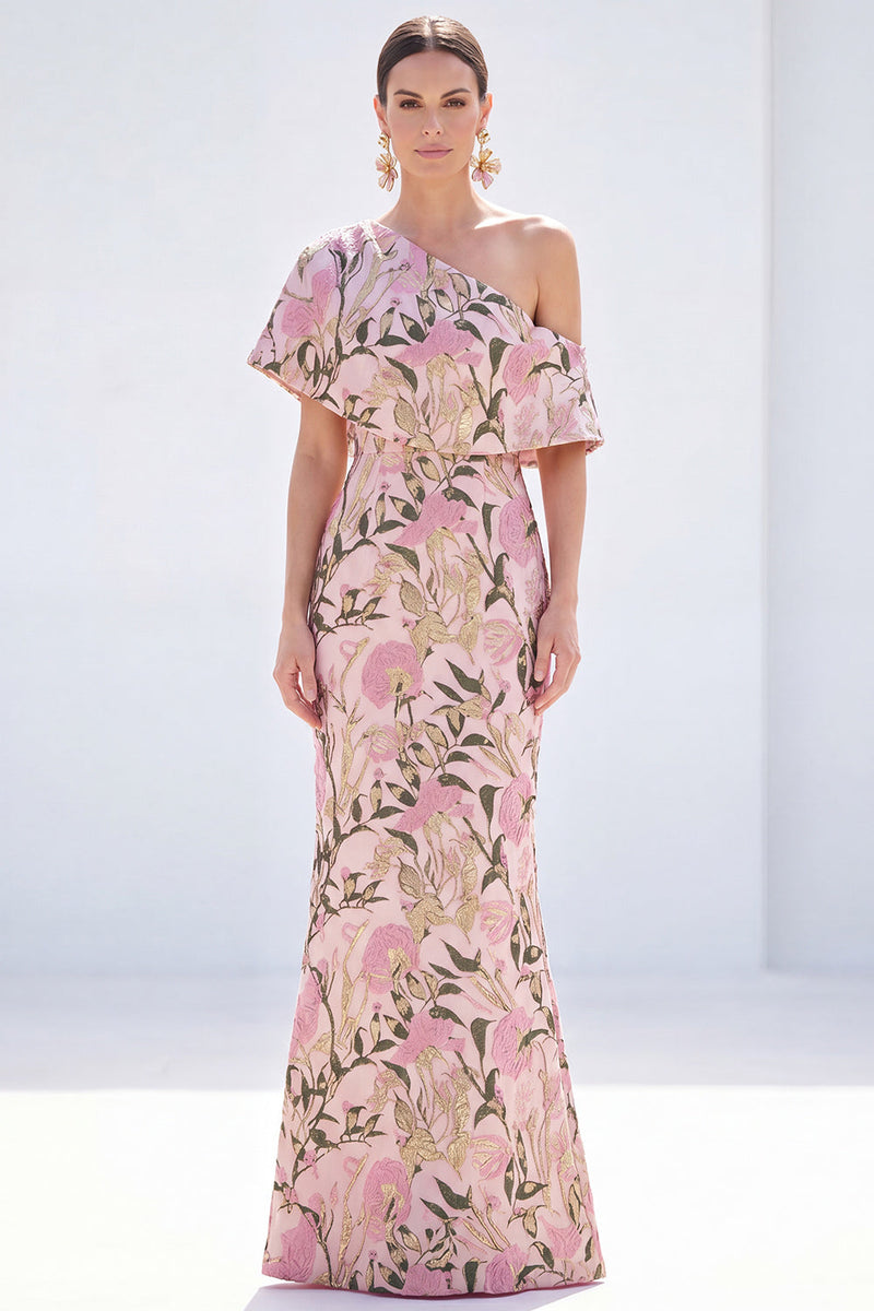 Load image into Gallery viewer, Grey Blue One Shoulder Floral Mermaid Long Mother of the Bride Dress