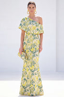 Load image into Gallery viewer, Grey Blue One Shoulder Floral Mermaid Long Mother of the Bride Dress