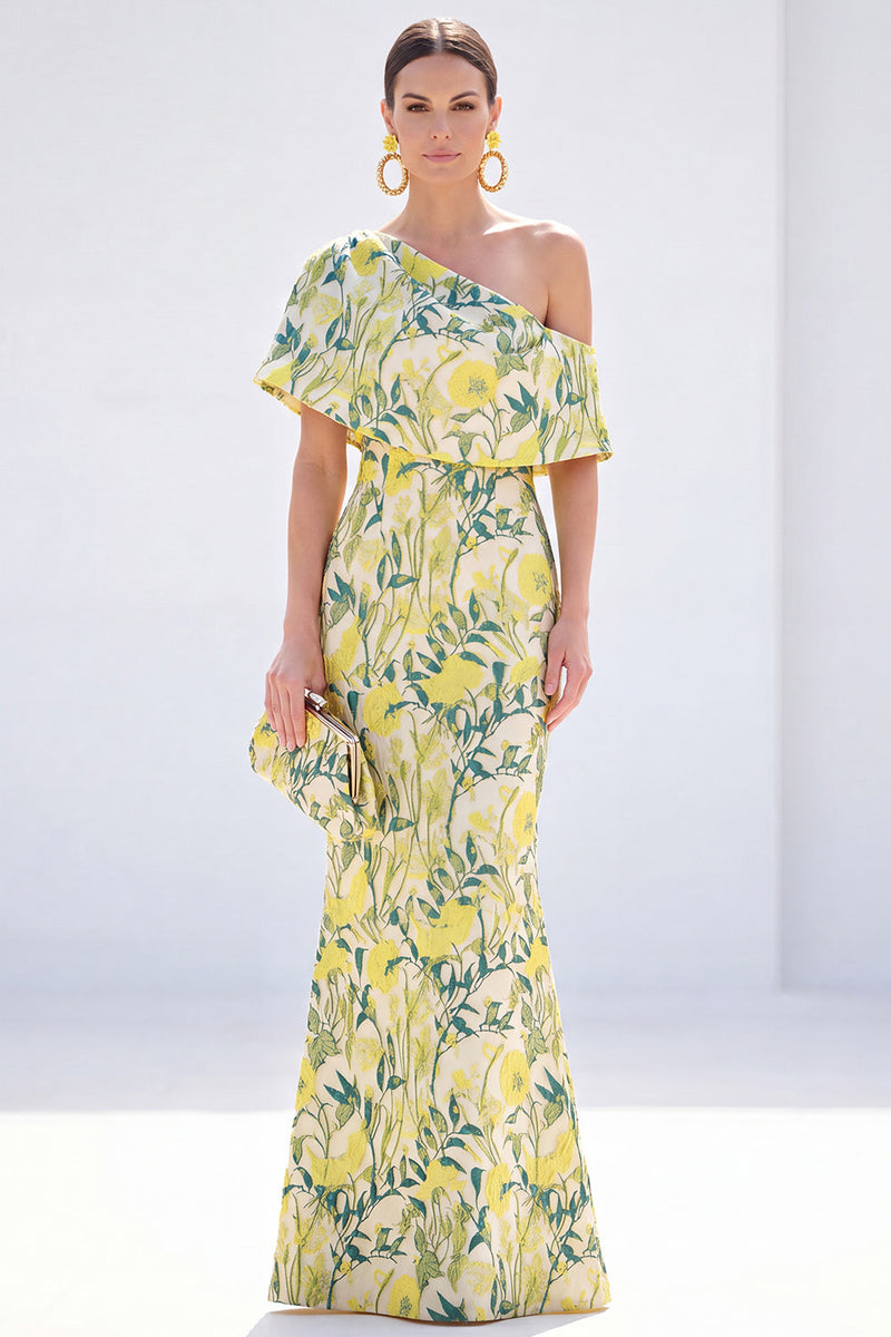 Load image into Gallery viewer, Grey Blue One Shoulder Floral Mermaid Long Mother of the Bride Dress