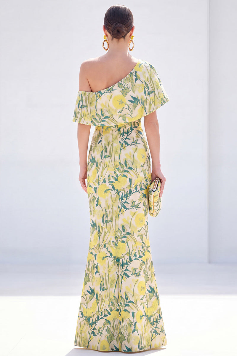 Load image into Gallery viewer, Grey Blue One Shoulder Floral Mermaid Long Mother of the Bride Dress