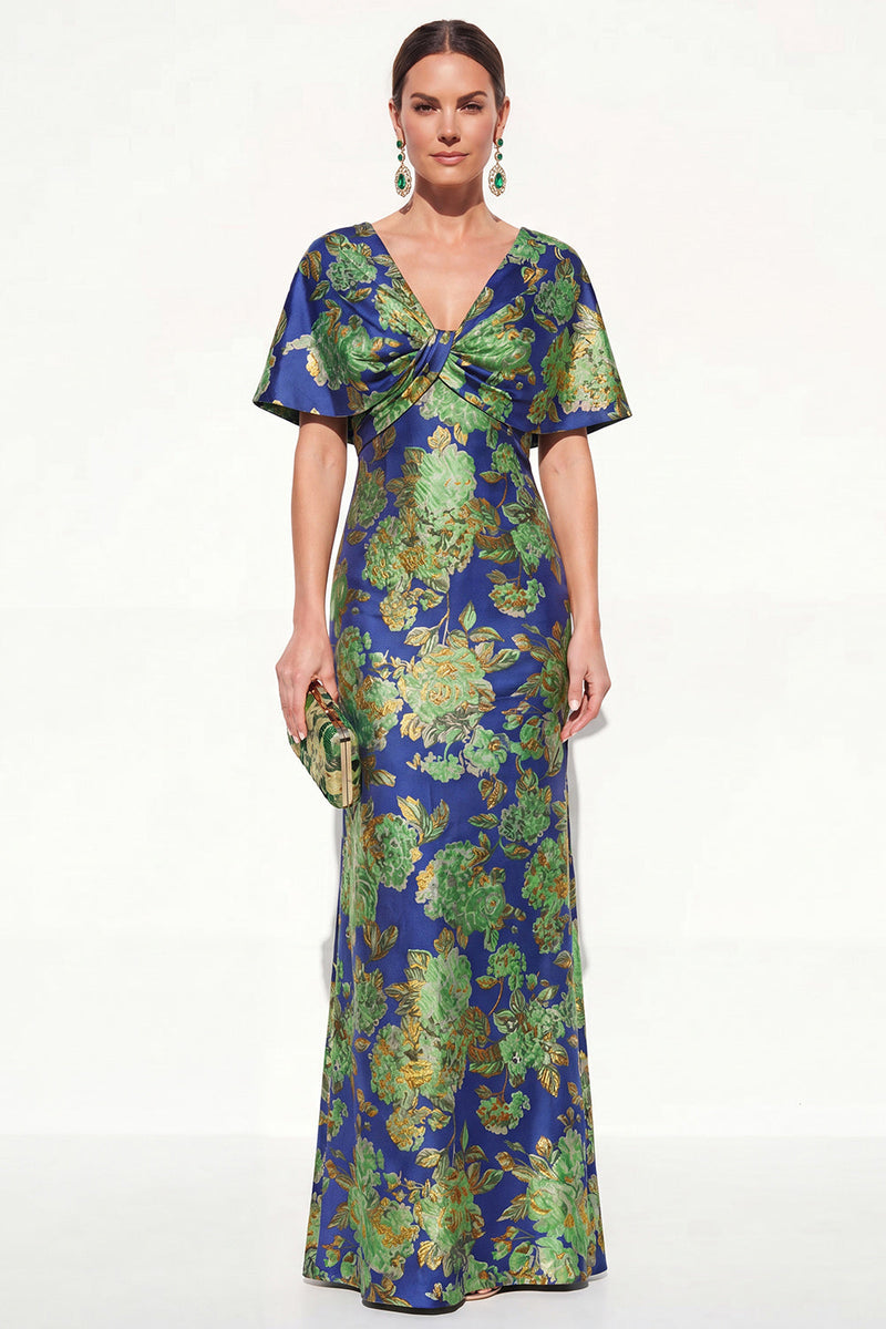 Load image into Gallery viewer, Floral Navy Green Long V-Neck Mother of the Bride Dress with Sleeves