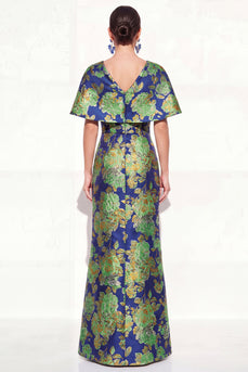 Floral Navy Green Long V-Neck Mother of the Bride Dress with Sleeves