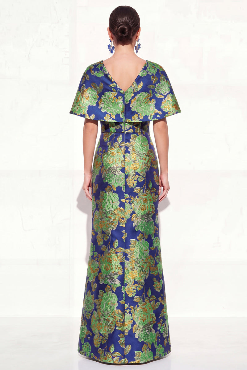 Load image into Gallery viewer, Floral Navy Green Long V-Neck Mother of the Bride Dress with Sleeves