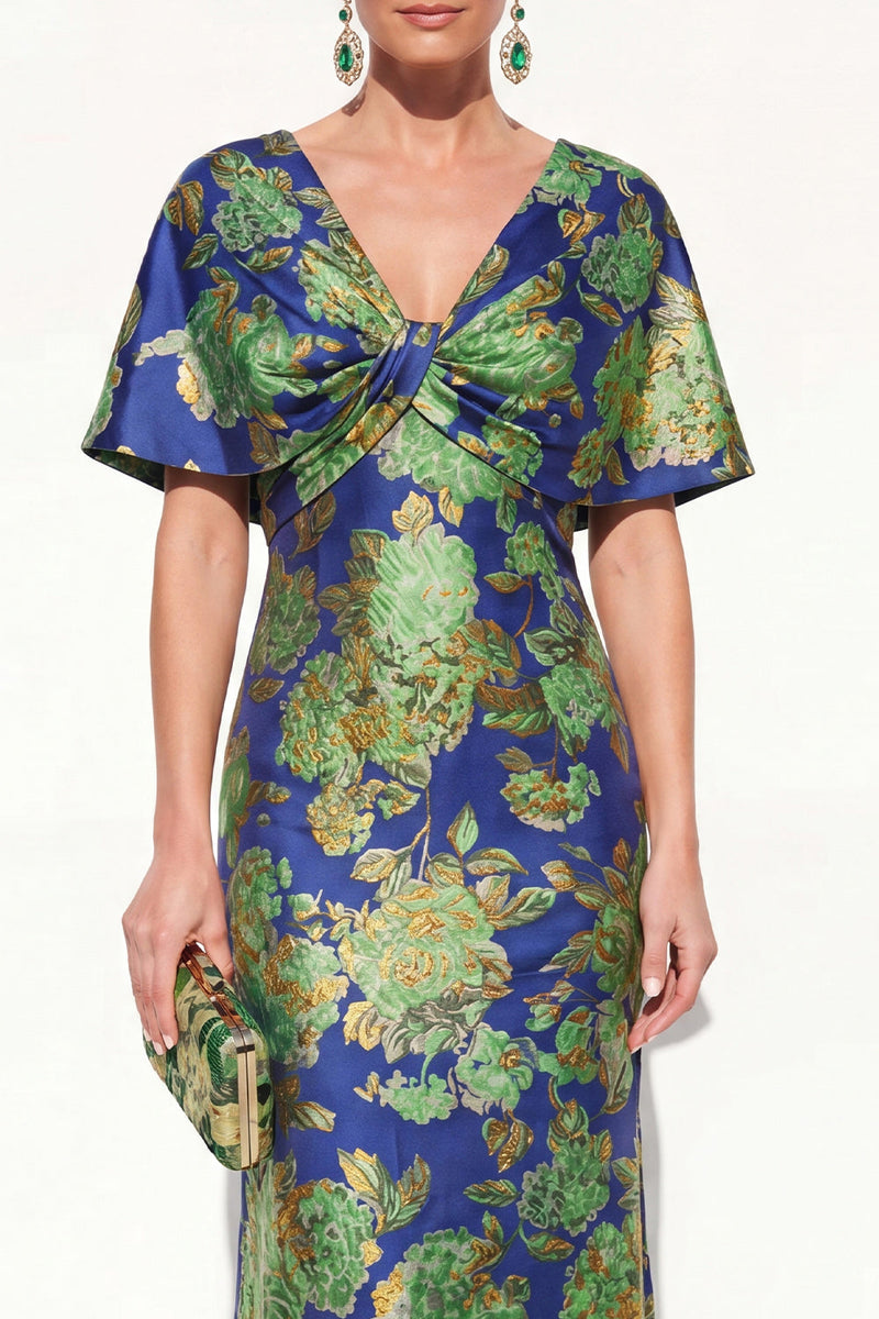 Load image into Gallery viewer, Floral Navy Green Long V-Neck Mother of the Bride Dress with Sleeves