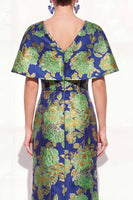 Load image into Gallery viewer, Floral Navy Green Long V-Neck Mother of the Bride Dress with Sleeves
