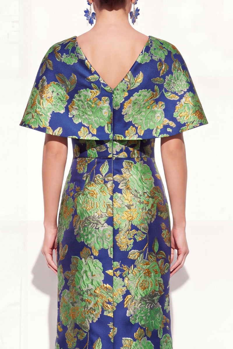 Load image into Gallery viewer, Floral Navy Green Long V-Neck Mother of the Bride Dress with Sleeves