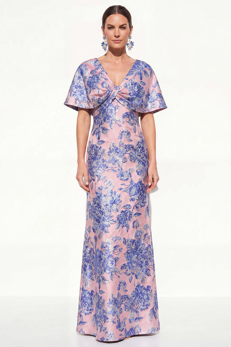 Load image into Gallery viewer, Floral Navy Green Long V-Neck Mother of the Bride Dress with Sleeves
