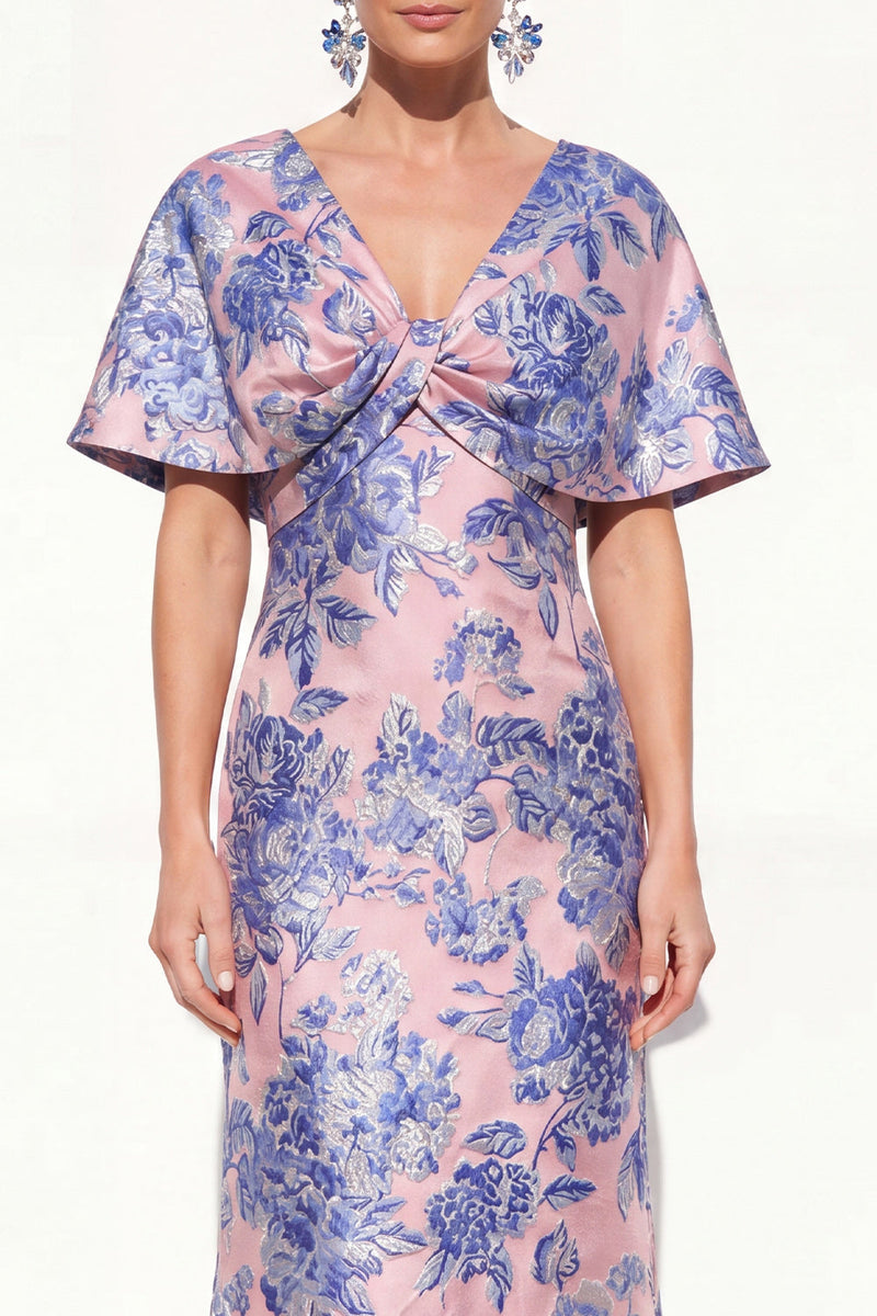 Load image into Gallery viewer, Floral Navy Green Long V-Neck Mother of the Bride Dress with Sleeves