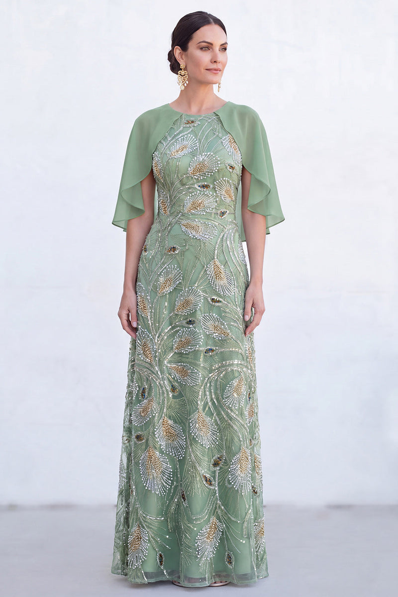 Load image into Gallery viewer, Sparkly Navy Golden Floral Boat Neck Long Mother of the Bride Dress with Cape