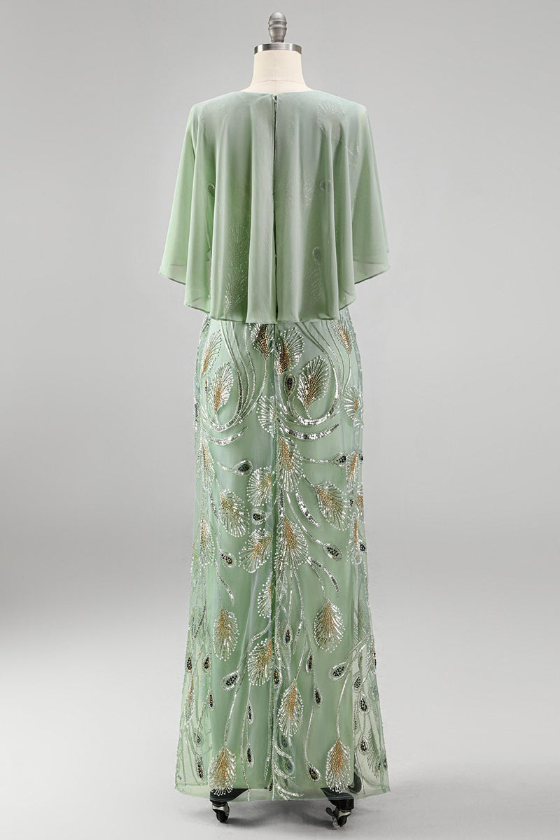 Load image into Gallery viewer, Sparkly Navy Golden Floral Boat Neck Long Mother of the Bride Dress with Cape