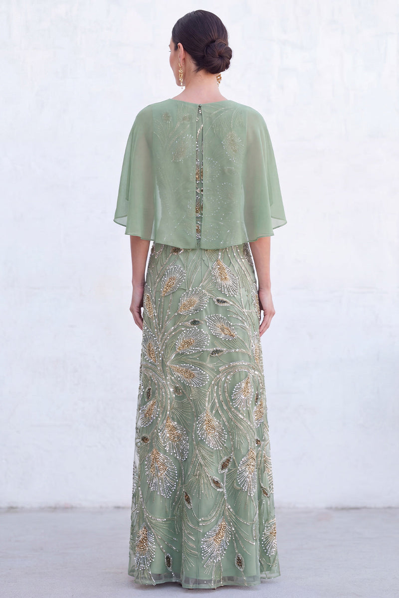 Load image into Gallery viewer, Sparkly Navy Golden Floral Boat Neck Long Mother of the Bride Dress with Cape