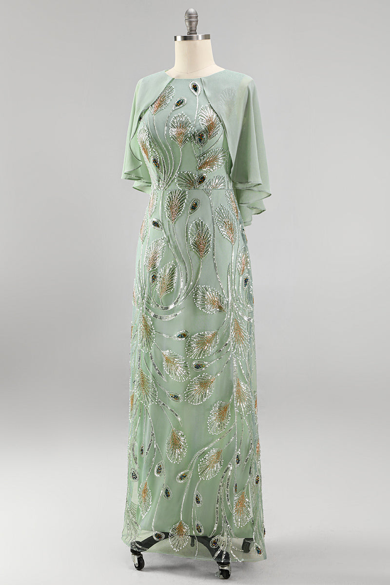 Load image into Gallery viewer, Sparkly Navy Golden Floral Boat Neck Long Mother of the Bride Dress with Cape