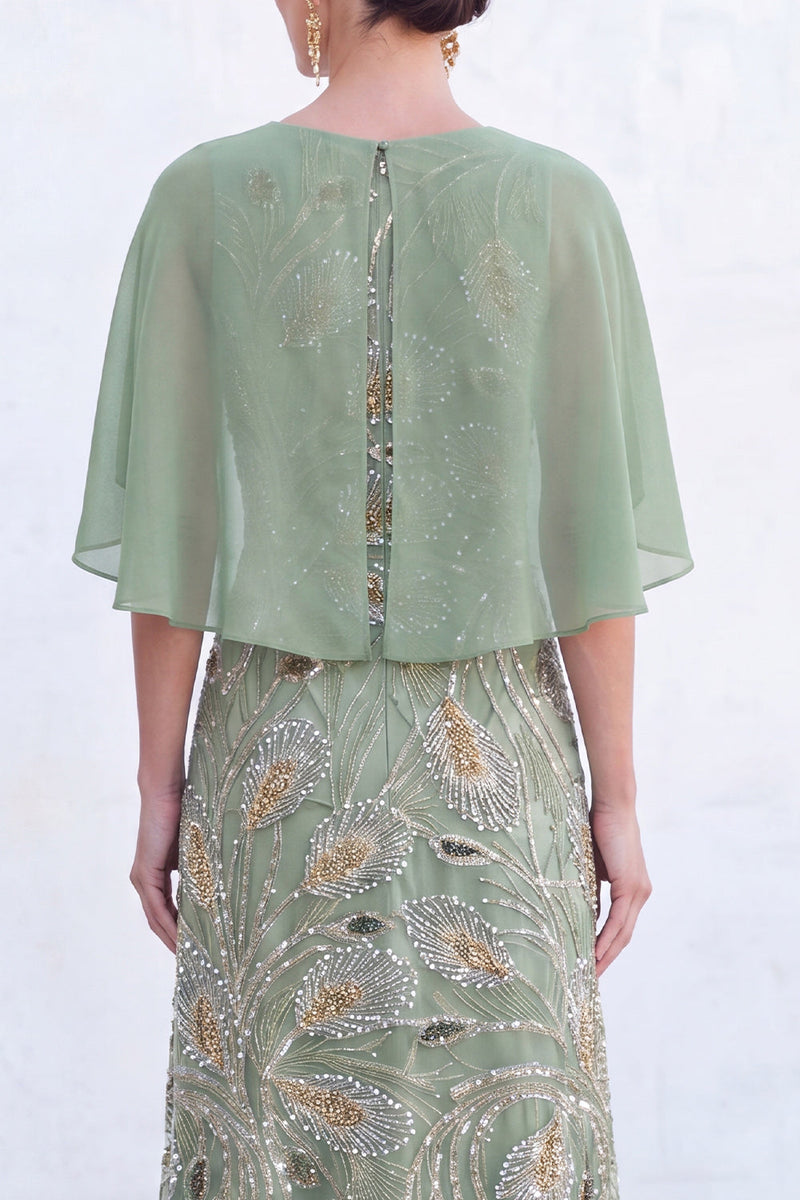 Load image into Gallery viewer, Sparkly Navy Golden Floral Boat Neck Long Mother of the Bride Dress with Cape