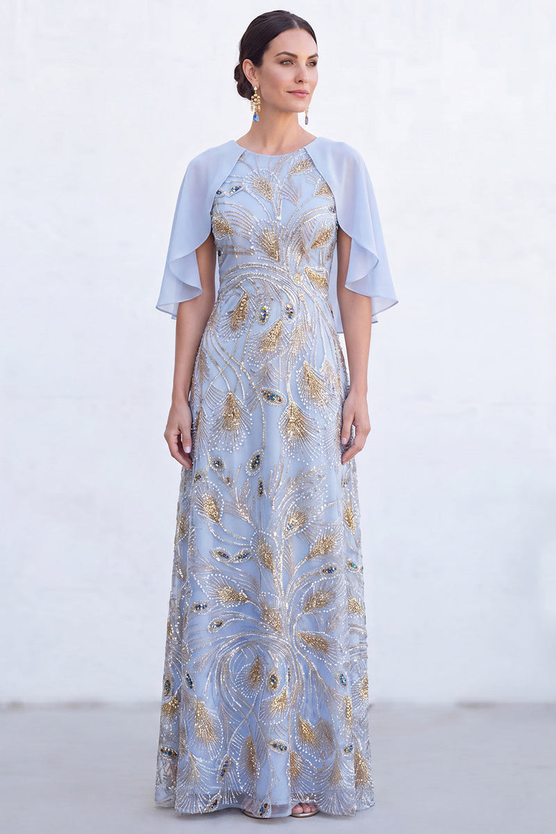 Load image into Gallery viewer, Sparkly Navy Golden Floral Boat Neck Long Mother of the Bride Dress with Cape