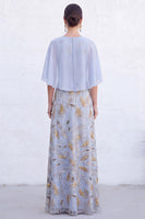 Load image into Gallery viewer, Sparkly Navy Golden Floral Boat Neck Long Mother of the Bride Dress with Cape