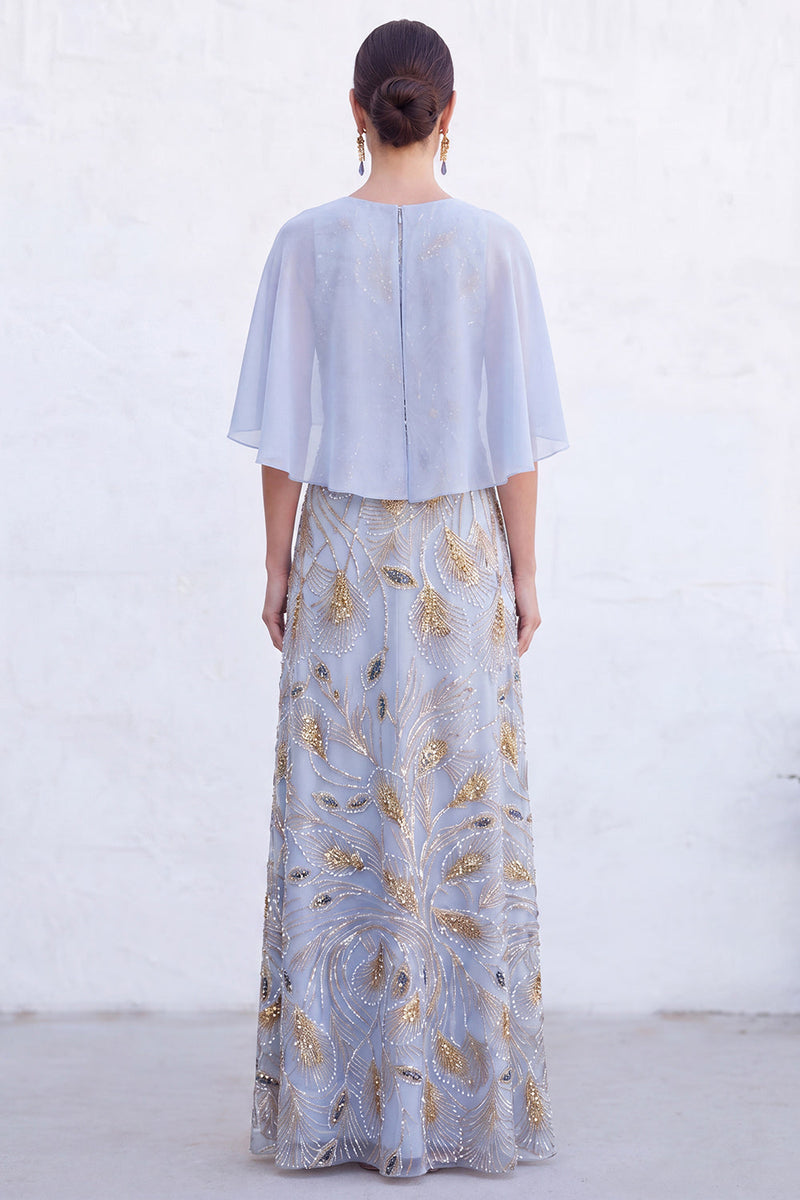Load image into Gallery viewer, Sparkly Navy Golden Floral Boat Neck Long Mother of the Bride Dress with Cape